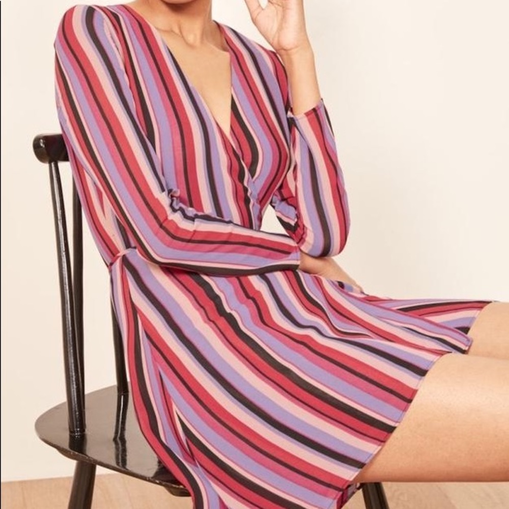 Reformation Striped V-Neck Long Sleeve Mini Dress in Pink & Purple